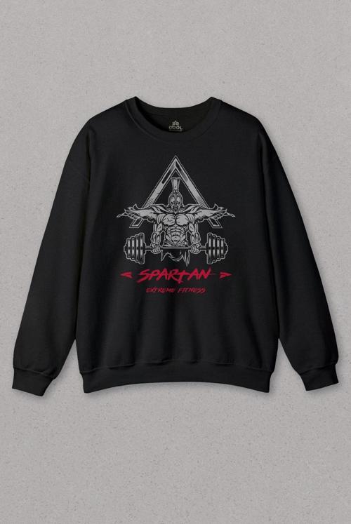 Unisex Siyah Sweatshirt Spartan Extreme Fitness Halter Gym Bodybuilding Baskılı Sweat