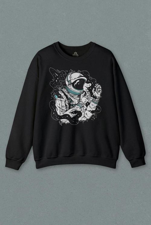 Siyah Sweatshirt Astronot Uzay Space Cosmos Galaksi Gezegen Bilim Science Baskılı Sweat