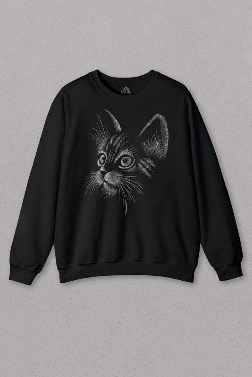 Unisex Sweatshirt Kedi Silüeti Black Cat Çizim Baskılı Sweat