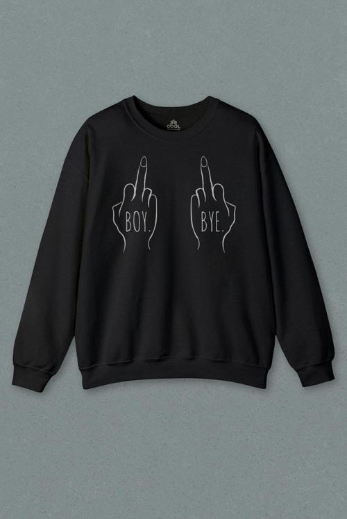 Unisex Siyah Sweatshirt Boy Bye Funny Minimal Çizim Y2K Güle Güle Baskılı Sweat