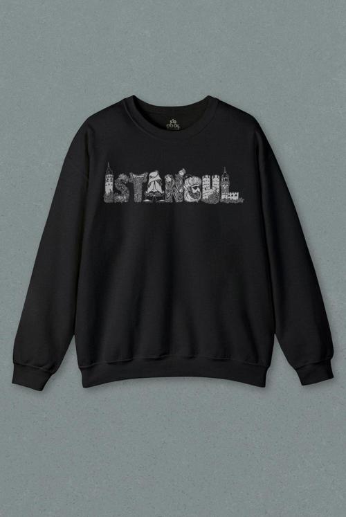 Unisex Siyah Sweatshirt Tarihi İstanbul Silüet Tasarım Osmanlı Baskılı Sweat