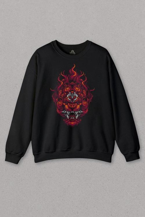 Unisex Sweatshirt Lion Fire Head Aslan Japan Maske Baskılı Sweat