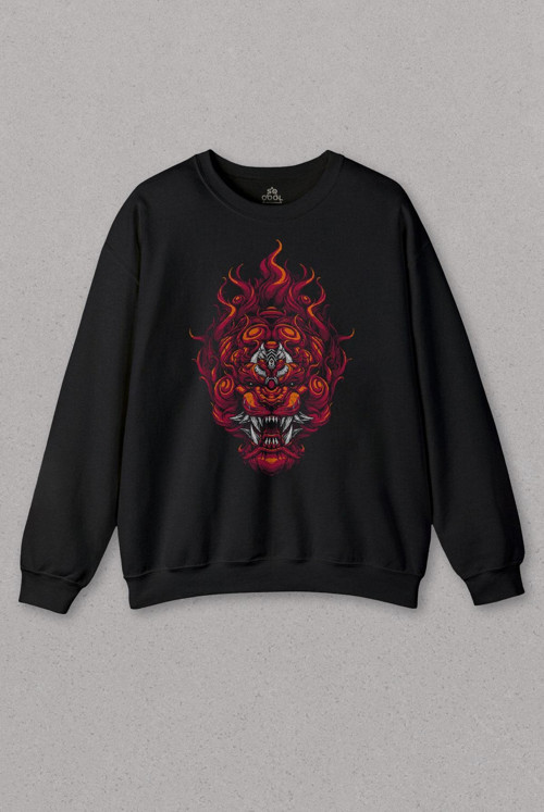 Unisex Sweatshirt Lion Fire Head Aslan Japan Maske Baskılı Sweat
