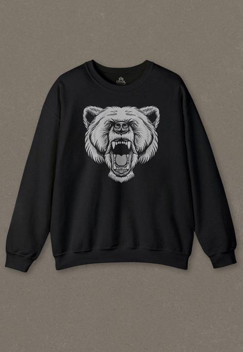 Siyah Unisex Sweatshirt Angry Bear Head Kızgın Ayı Kafa Baskılı Sweat