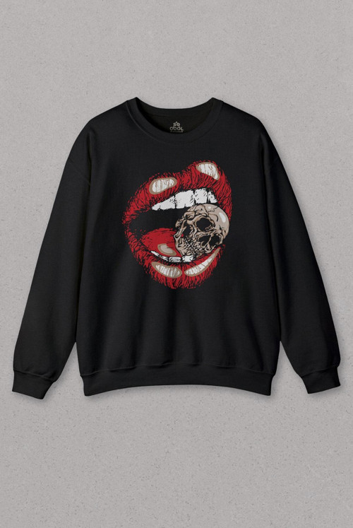Unisex Sweatshirt Skull Kuru Kafa Wampir Dudak Kadın Dudağı Baskılı Sweat