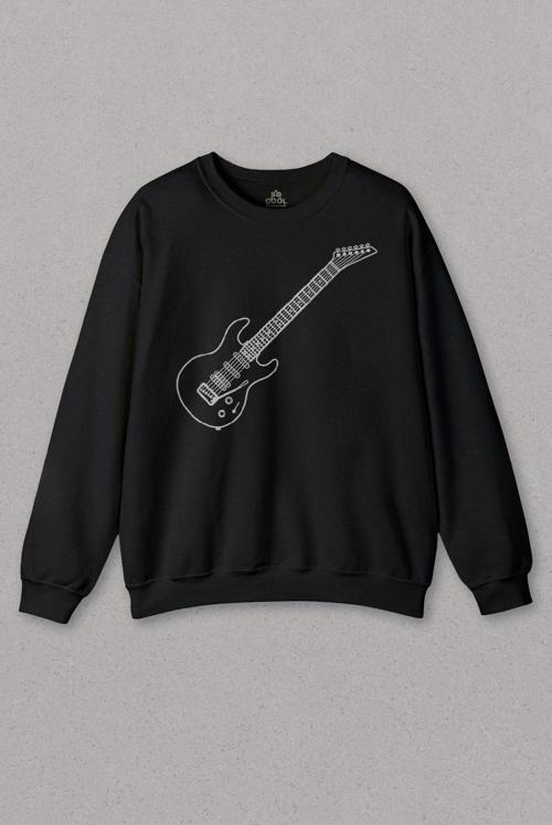Unisex Siyah Sweatshirt Gitar Çizim Design Guitar Rock Caz Müzik Nota Baskılı Sweat