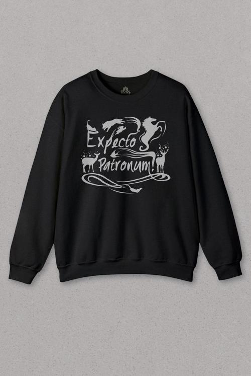 Unisex Siyah Sweatshirt Harry Geyik Expecto Patronum Film Baskılı Sweat PSW01S-1790