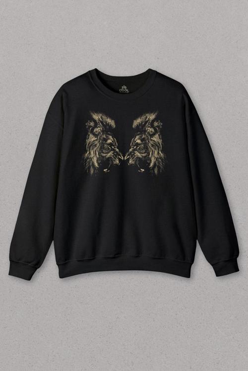 Unisex Sweatshirt Karşılıklı Kükreyen Aslan Kafaları Lion Head Baskılı Sweat