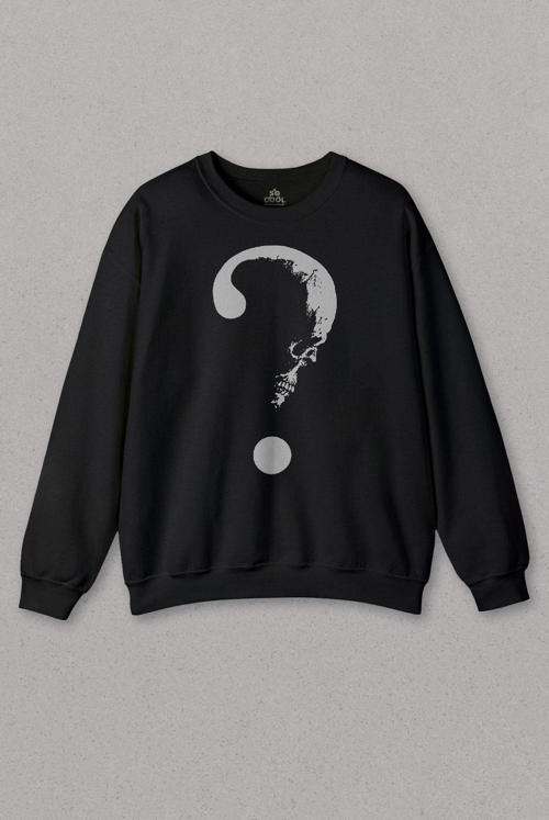 Unisex Siyah Sweatshirt Kuru Kafa Soru İşareti Why Skull Skeleton Baskılı Sweat