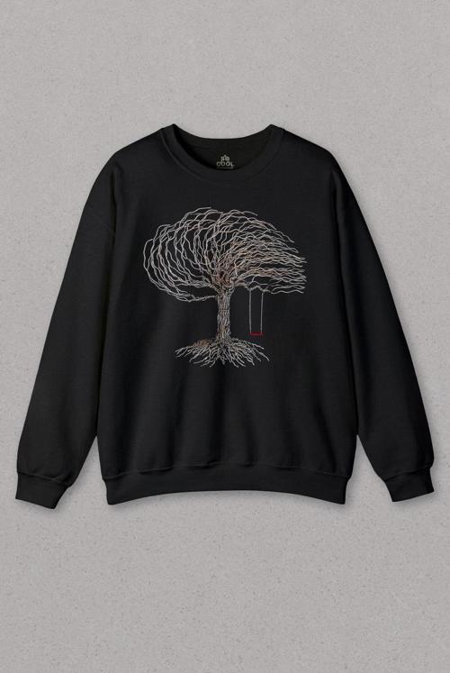 Unisex Sweatshirt Hayat Ağacındaki Kırmızı SAlincak Kuru Ağaç Baskılı Sweat