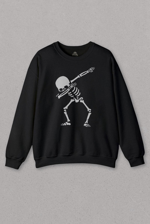 Unisex Siyah Sweatshirt İskelet Dansı Dabbing Skeleton Skull Kuru Kafa Baskılı Sweat