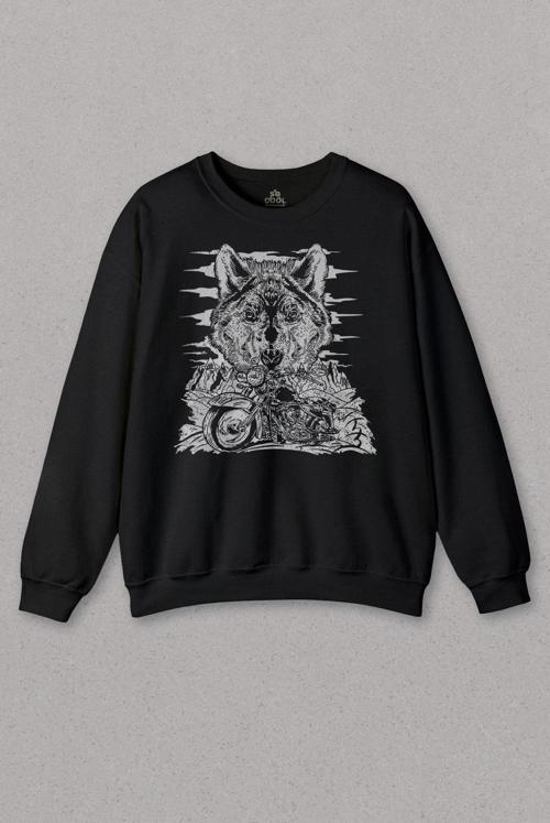 Unisex Sweatshirt Ride To Wild Wolf And Motorcycle Kurt Ve Motor Outdoor Baskılı Sweat