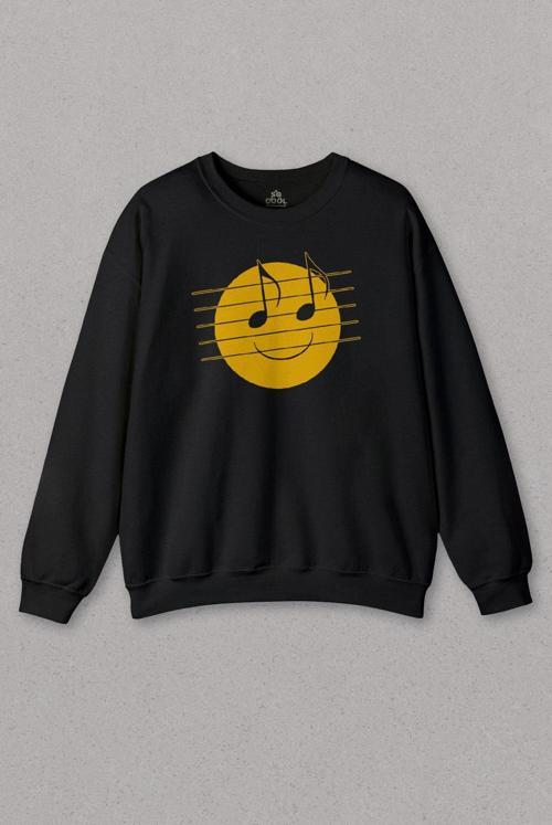 Unisex Sweatshirt Happy And You Knuw It Müzik Nota Gülen Yüz Baskılı Sweat