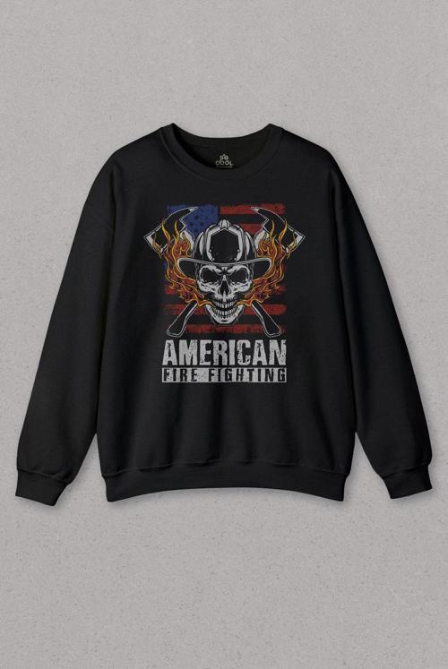 Unisex Sweatshirt American Fire Fighter Skull Korsan Çekiç KafAli Baskılı Sweat