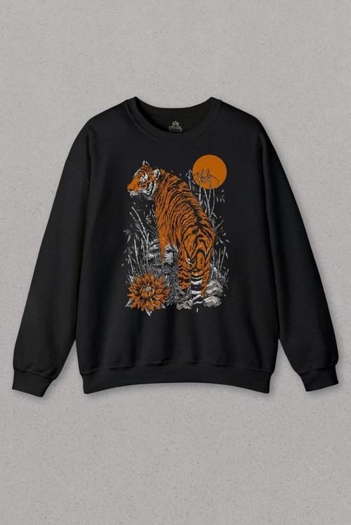 Unisex Sweatshirt Kaplan Ay Dolunay Moon Tiger Baskılı Sweat