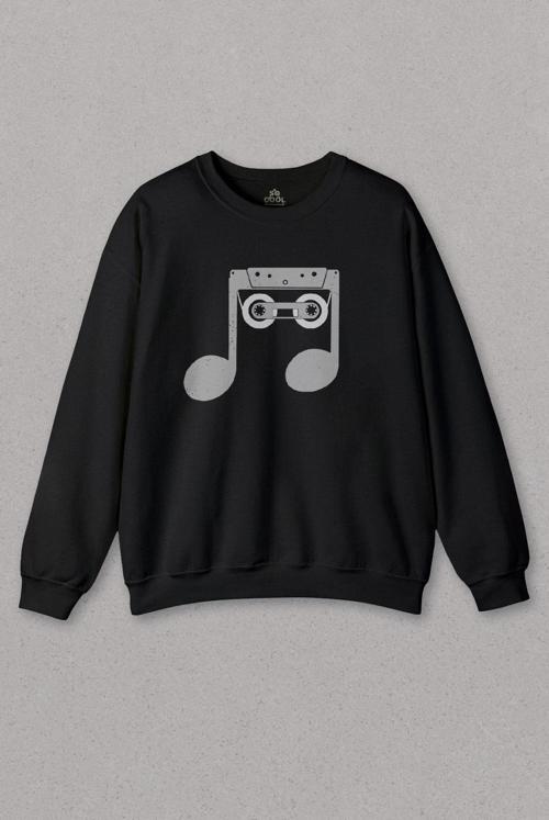 Siyah Sweatshirt Nostalji Kaset Kalem Müzik Nota Sol Anahtarı Baskılı Unisex Sweat