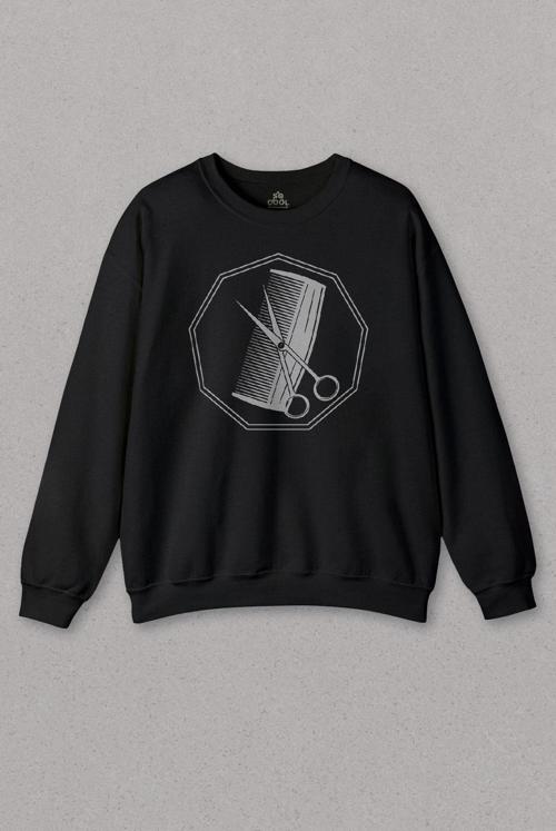 Siyah Sweatshirt Kuaför Makas Tarak Saç Sakal Berber Barber Baskılı Sweat