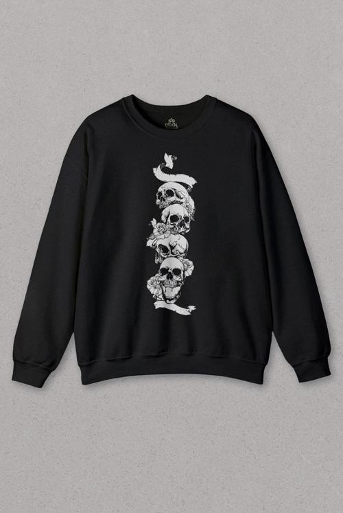 Siyah Sweatshirt Kuru Kafa Gül Skull Tattoo Baskılı Sweat