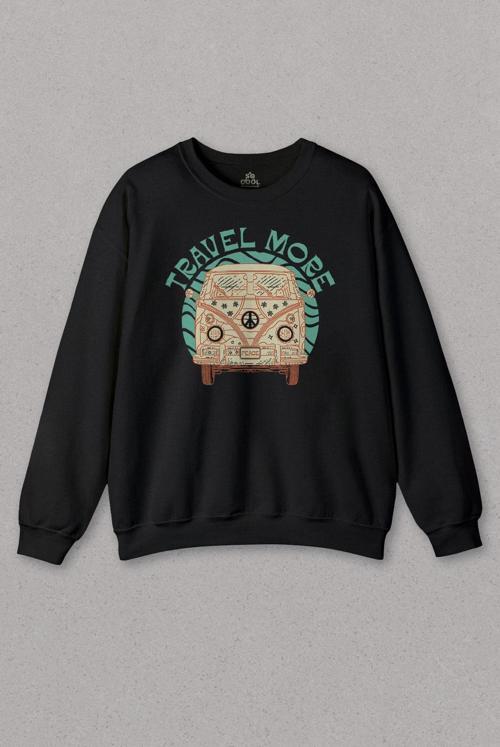 Unisex Sweatshirt Travel More Woswos Retro Hippi 60S 70S Baskılı Sweat