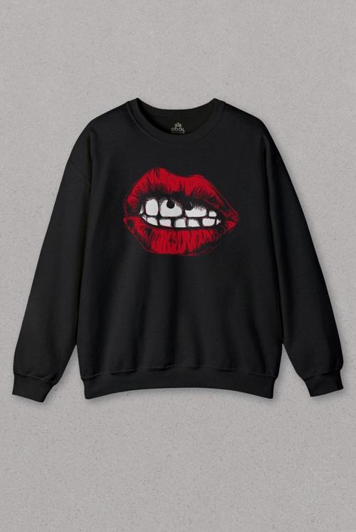 Unisex Sweatshirt Seksi Dudaklar Sexy Piercing Kadın Ağzı Baskılı Sweat