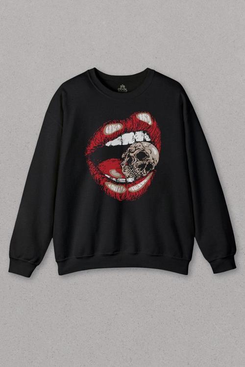 Unisex Sweatshirt Skull Kuru Kafa Wampir Dudak Kadın Dudağı Baskılı Sweat