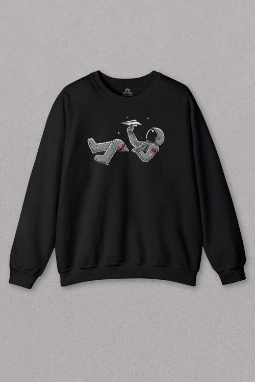 Unisex Siyah Sweatshirt Astronot Uçurtma Uzay Cosmos Nasa Galaxy Baskılı Sweat