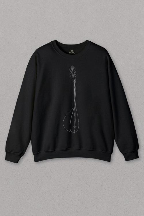 Unisex Siyah Sweatshirt Bağlama Saz Türk Halk Müziği Müzik Nota Baskılı Sweat