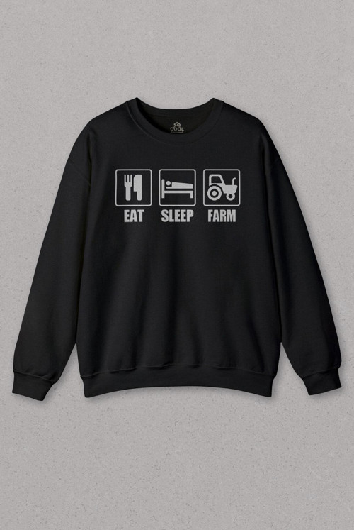 Unisex Siyah Sweatshirt Eat Sleep Farm Çiftçi Çiftçilik Baskılı Sweat