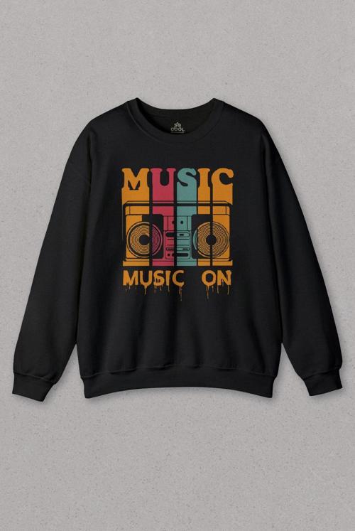 Unisex Sweatshirt Müzik Music On Kaset Teyp Baskılı Sweat