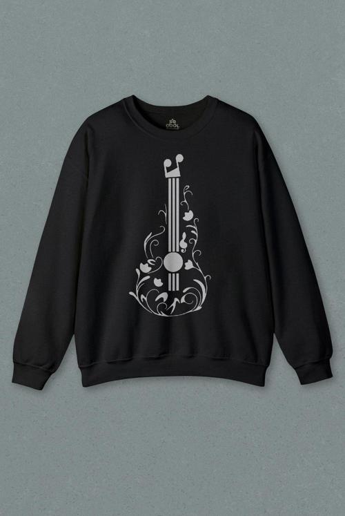 Unisex Siyah Sweatshirt Gitar Çizim Tasarım Nota Müzik Sol Anahtarı Music Baskılı Sweat