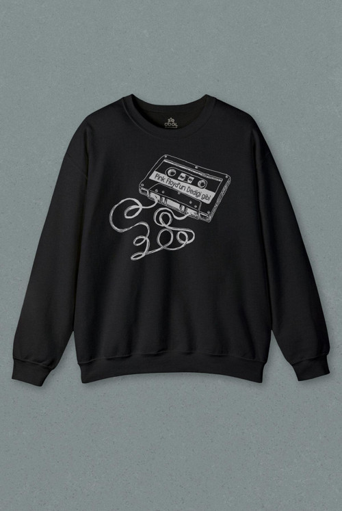 Unisex Siyah Sweatshirt Pink Floyd Un Dediği Gibi Kaset Kalem Nostalji Baskılı Sweat