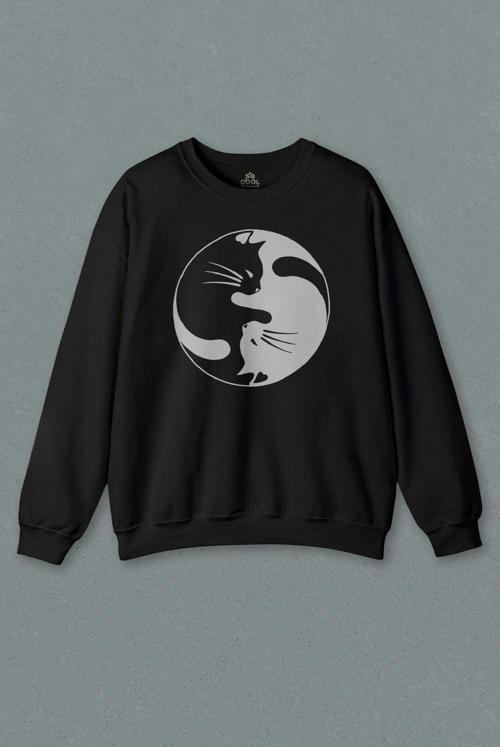 Unisex Siyah Sweatshirt Ying Yang Black Hipster Cat Kara Kedi Baskılı Sweat