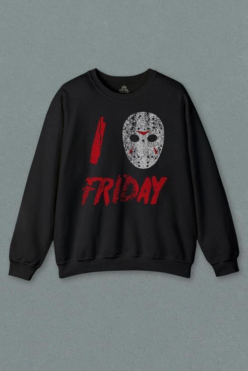 Unisex Siyah Sweatshirt Friday The 13Th 13. Cuma Onüçüncü Korku Baskılı Sweat