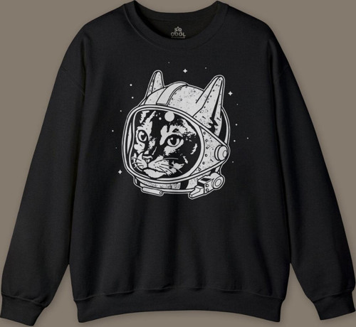 Siyah Unisex Kedi Kozmonot Meow Astronot Cat NASA Uzay Baskılı Sweatshirt