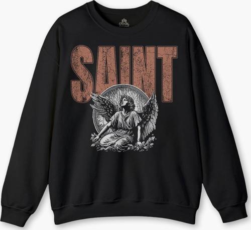 Siyah Sweat Saint Gothic Kutsal Melek Angle Basklı Bisiklet Yaka Sweatshirt