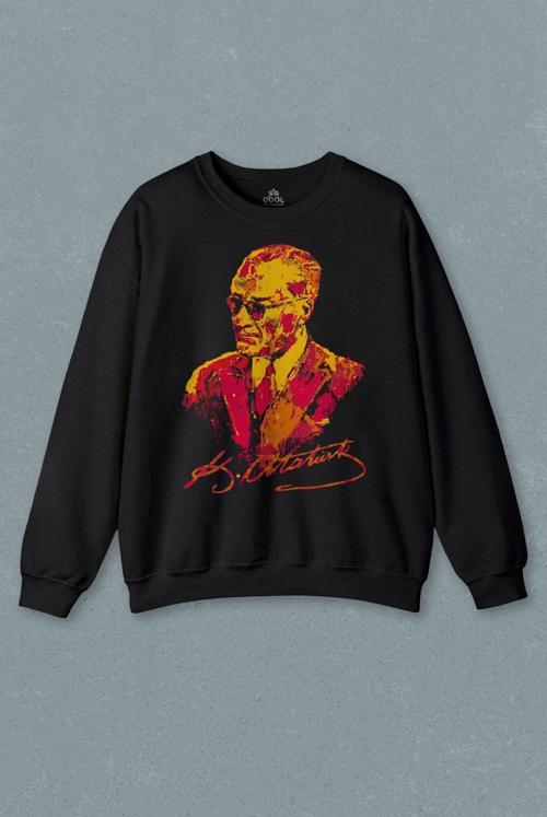 Karizma Gözlüklü Atatürk Sarı Kırmızı Galata Baskılı Sweatshirt
