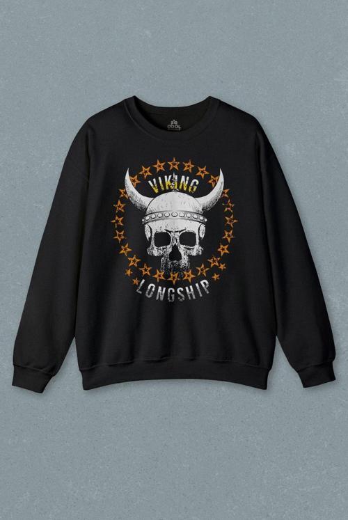 Viking Skull With Circle Of Stars Longship Kuru Kafa Baskılı Sweatshirt