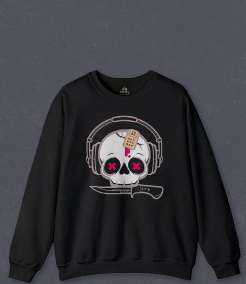 Unisex Sweatshirt Müzik Dinleyen Kuru Kafa Kulaklık Bıçak Yara Bandı Skull Baskılı Sweat