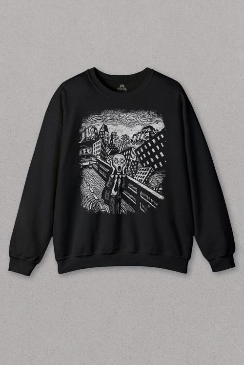 Unisex Sweatshirt Scream Edward Munch Tablo Korku Ressam Siyah Baskılı Sweat