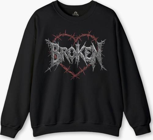 Bisiklet Yaka Sweatshirt Broken Hearts Gothic Y2K Yazı Baskılı Siyah Sweat