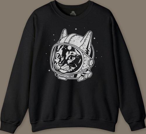 Siyah Unisex Kedi Kozmonot Meow Astronot Cat NASA Uzay Baskılı Sweatshirt