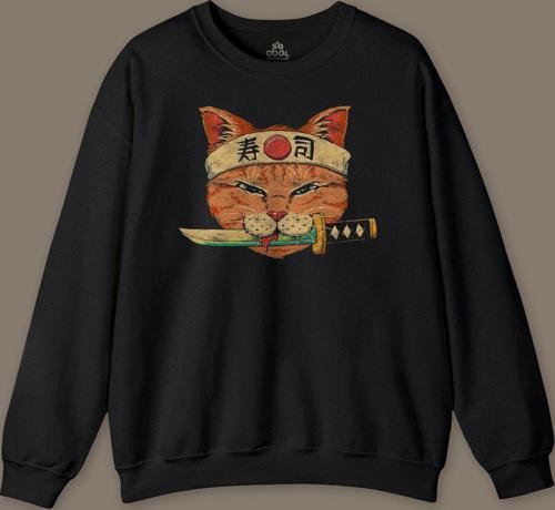Cat Sushi Japanese Vintage Sokak Baskılı Siyah Baskılı Sweatshirt