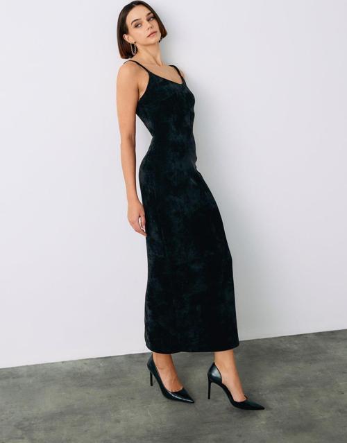 Askılı Kadife Midi Elbise - Siyah