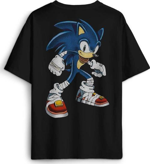 Oversize T-shirt Sonic The Hedgehog Boom Cartoon Sonic Baskılı Siyah Unisex Tişört