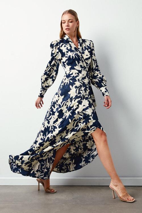 Çiçek Desenli Uzun Elbise - Lacivert