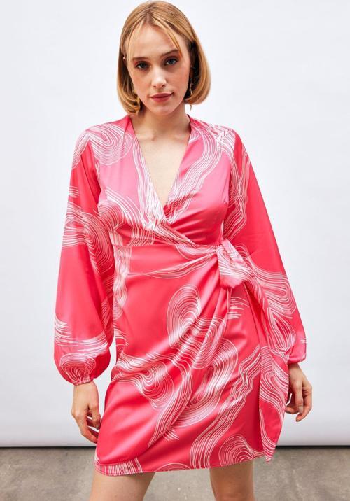 Kruvaze Desenli Elbise - Fuşya