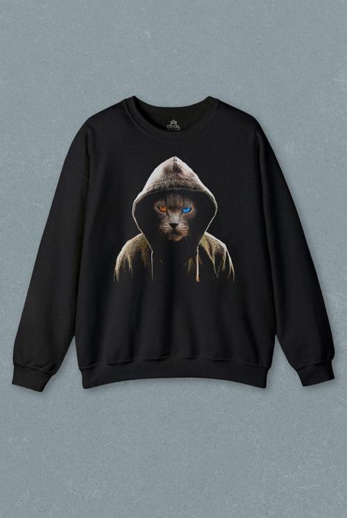 Renkli Gözlü Hacker Korsan Kedi Cat Baskılı Sweatshirt