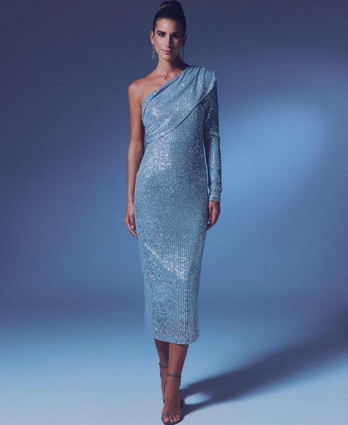 Tek Kollu Payet Elbise - Gümüş