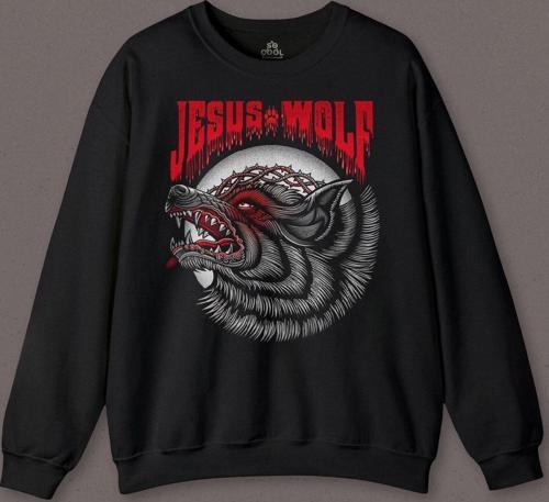 Jesus Wolf Kurt Kafası Kırmızı Baskılı Sweatshirt