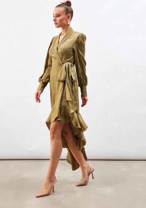 Jakarlı Asimetrik Elbise - Haki